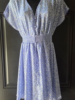 Light Blue Floral Button-Front Smocked Waist Dress